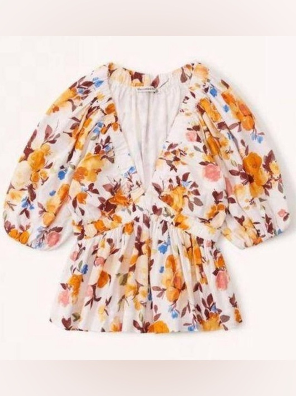 Abercrombie & Fitch Cream Floral Puff-Sleeve Peplum Top with Yellow Accents - Picture 1 of 4